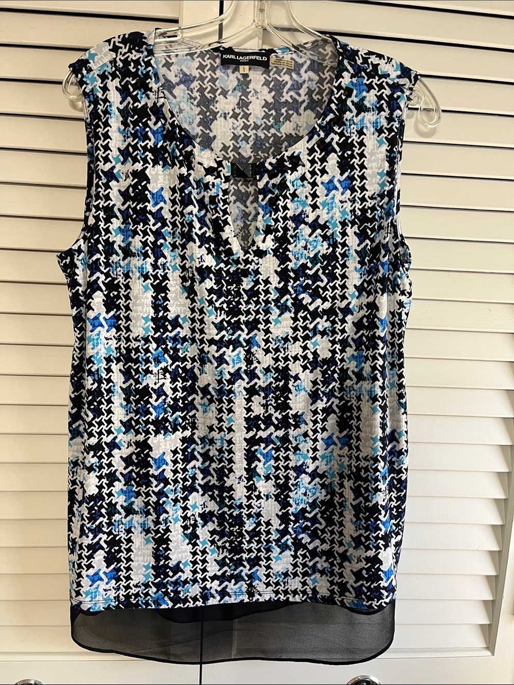 Karl Lagerfeld Black White and Blue Printed Sleeveless Top with Black Accents